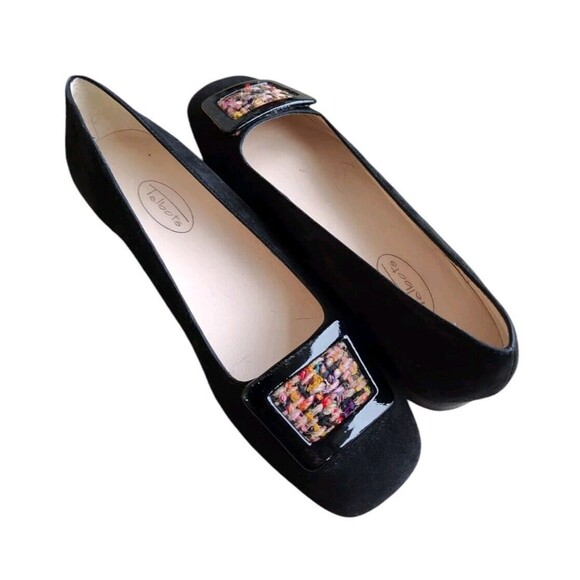 Talbots Black Suede Ballet Flats Buckle Tweed 6.5 B Square Toe Flats - Picture 4 of 7